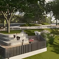 Scenic Park Landscape With Terrace Seating Green Trees Lush Lawn And People Relaxing
