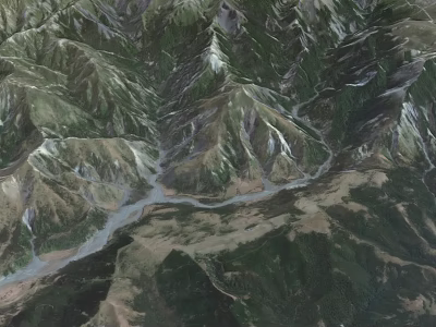 Breathtaking Aerial Natural Scenery Of Lush Mountain Ranges With Meandering River And Dense Green Forests 3d model