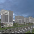 Modern Office Towers With Glass Curtain Walls At Evening Along Urban Road With Traffic