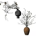 Dark Ceramic And Brown Clay Vases With Branches And Small Flowers For Home Decor