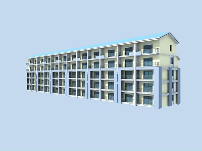 Multi Storey School Building With Light Yellow Exterior Blue Roof Balconies And Numerous Windows 3d model