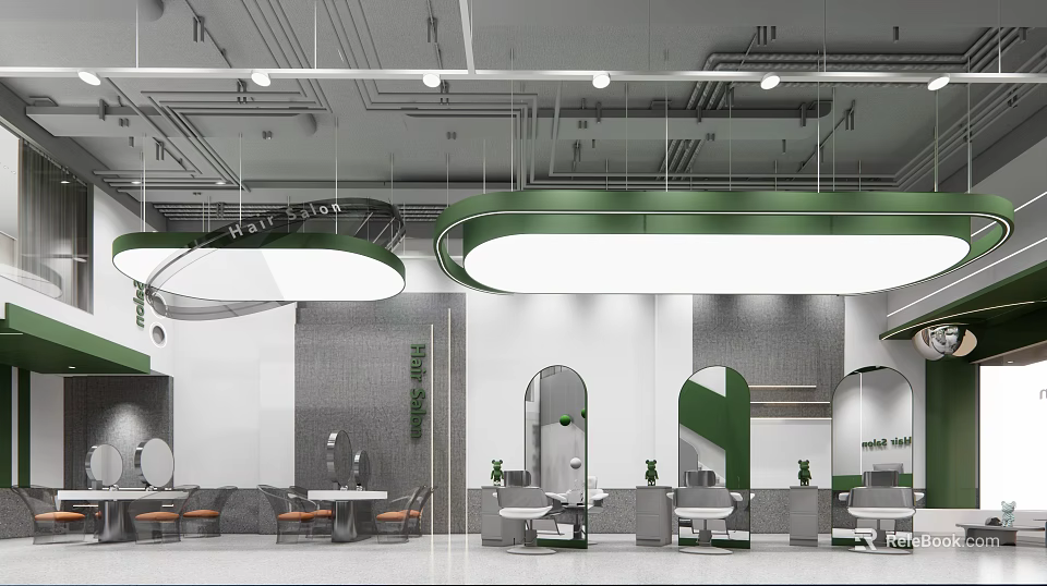 Modern Hair Salon Interior Design With Green Decor White Walls Arched Designs And Workstations 3d model 