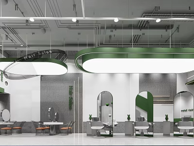 Modern Hair Salon Interior Design With Green Decor White Walls Arched Designs And Workstations 3d model