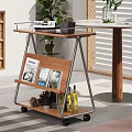 Modern Mobile Side Table With Wooden Shelves Metal Frame Storage Wheels And Magazines