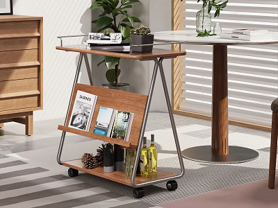 Modern Mobile Side Table With Wooden Shelves Metal Frame Storage Wheels And Magazines 3d model