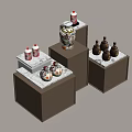 Brown Multi Tiered Display Shelves With Square Platforms And Decorative Jars 3d model