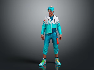 Stylish Digital Game Character With Teal Hair Blue White Jacket And Orange Object 3d model