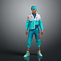 Stylish Digital Game Character With Teal Hair Blue White Jacket And Orange Object