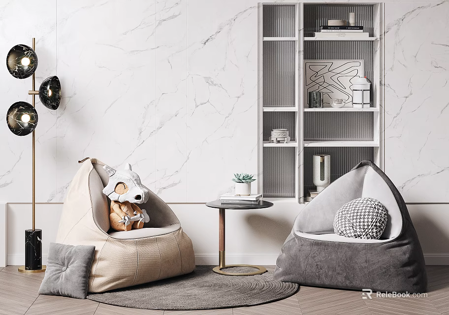 Bean Bag Chairs in Beige Gray with Stuffed Bear Pillow by Marble Wall Side Table 3d model 