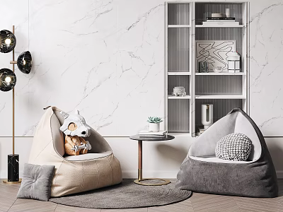 Bean Bag Chairs in Beige Gray with Stuffed Bear Pillow by Marble Wall Side Table 3d model