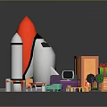 Colorful Toy Items Around White Rocket Model Including Boxes Chairs Bus And Tools 3d model