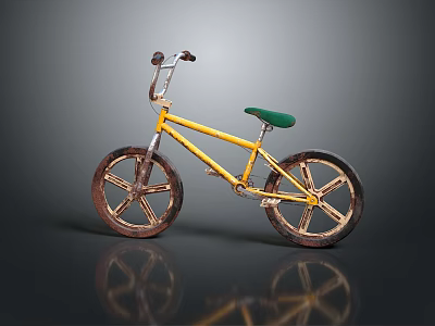 Yellow BMX Bicycle With Green Seat Rusty Wheels And Reflection On Gray Background 3d model