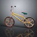 Yellow BMX Bicycle With Green Seat Rusty Wheels And Reflection On Gray Background 3d model