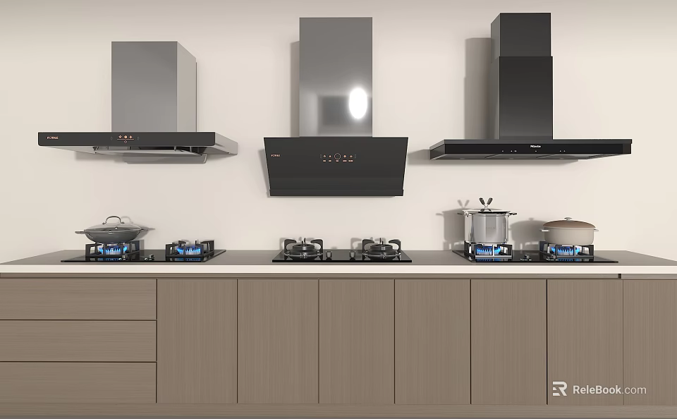 Modern Kitchen Interior Featuring Stylish Range Hoods And Gas Stoves With Cabinets 3d model