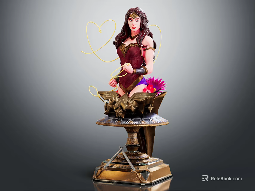 Female Character Statue In Red Costume Holding Lasso With Pink Flower Intricate Golden Base Sword 3d model 