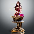 Female Character Statue In Red Costume Holding Lasso With Pink Flower Intricate Golden Base Sword