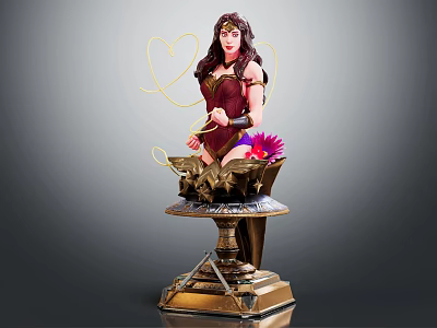 Female Character Statue In Red Costume Holding Lasso With Pink Flower Intricate Golden Base Sword 3d model