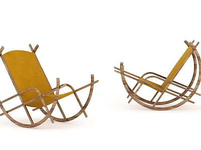 Modern Wooden Rocking Chair with Yellow Cushion and Curved Frame Design 3d model
