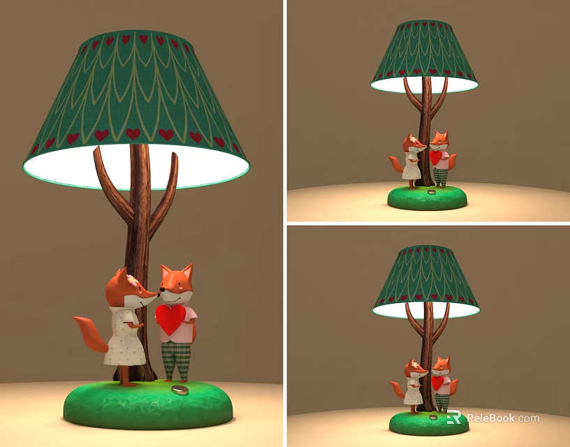 Cartoon Style Table Lamp With Green Wavy Lampshade And Red Accents Fox Figurines 3d model 