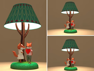 Cartoon Style Table Lamp With Green Wavy Lampshade And Red Accents Fox Figurines 3d model