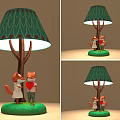 Cartoon Style Table Lamp With Green Wavy Lampshade And Red Accents Fox Figurines