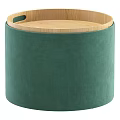 Upholstered Round Storage Ottoman With Wooden Top And Minimalist Design For Living Room