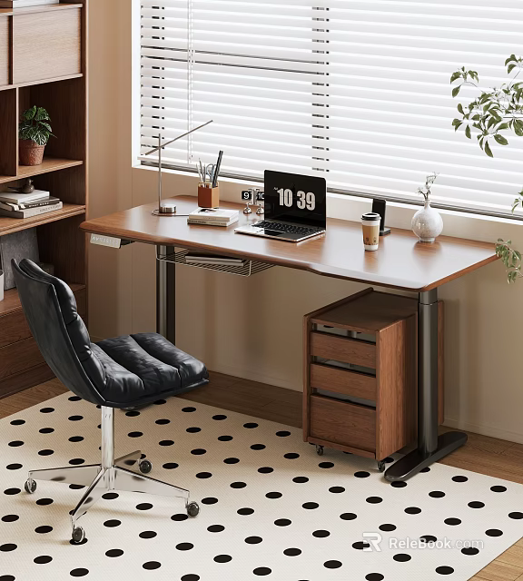 Modern Home Office Wooden Desk With Laptop Lamp And Leather Chair 3d model 