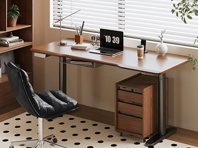 Modern Home Office Wooden Desk With Laptop Lamp And Leather Chair 3d model