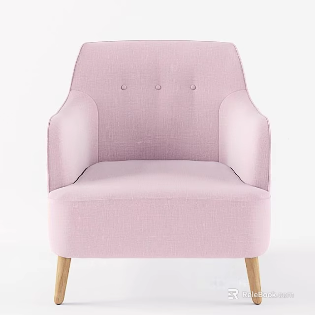 Pink Single Sofa with Button Tufted Backrest Rounded Arms and Wooden Legs in Modern Style 3d model 