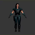 Female Game Movie Character In Green Black Combat Armor With Shoulder Pads And Gloves