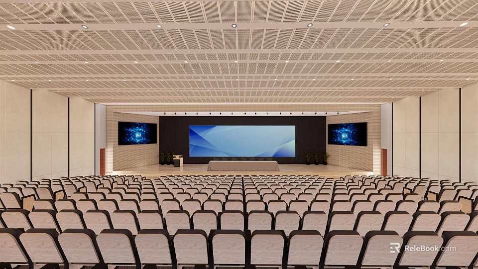 Spacious Conference Room With Grid Ceiling Large Screen Side Displays And Rows Of Seats 3d model 