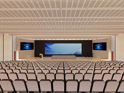 Spacious Conference Room With Grid Ceiling Large Screen Side Displays And Rows Of Seats 3d model