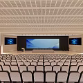 Spacious Conference Room With Grid Ceiling Large Screen Side Displays And Rows Of Seats