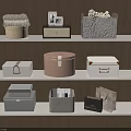 Various Storage Boxes And Containers On White Shelves With Wooden Wall For Home Organization