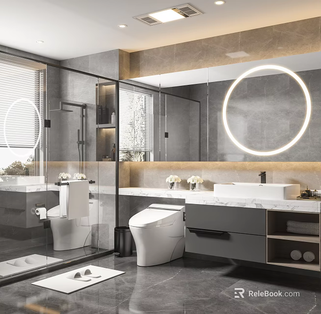 Modern Bathroom Design With Marble Vanity Countertop Round Backlit Mirror Smart Toilet And Shower 3d model 