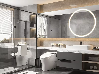 Modern Bathroom Design With Marble Vanity Countertop Round Backlit Mirror Smart Toilet And Shower 3d model