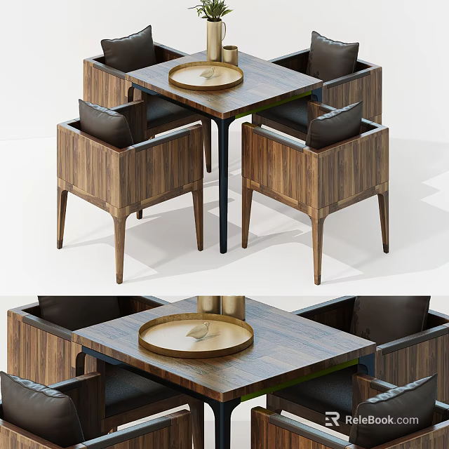 Modern Wooden Dining Table Set With Matching Chairs And Decorative Tray 3d model