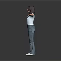 Woman in White T-shirt and Blue Jeans Standing with Arms Outstretched on Gray Background