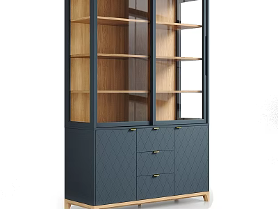 Modern Style Decorative Cabinet With Dark Blue Quilted Doors Glass Front And Wooden Shelves 3d model