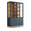 Modern Style Decorative Cabinet With Dark Blue Quilted Doors Glass Front And Wooden Shelves