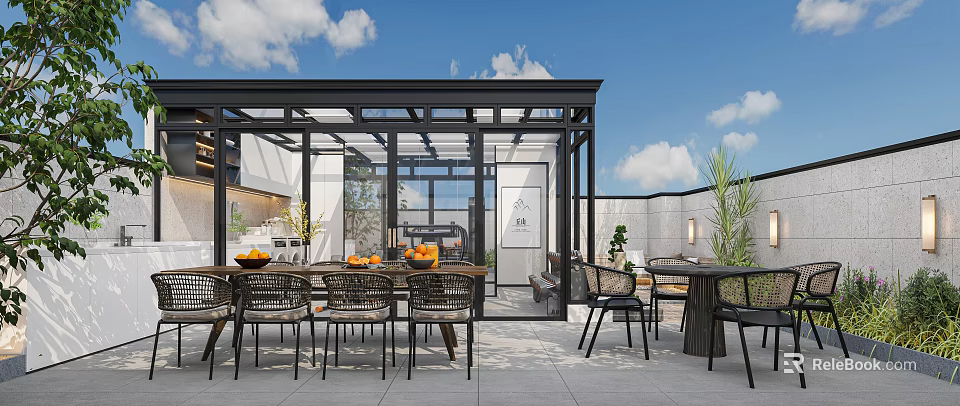 Modern Garden Landscape With Glass Roofed Patio Outdoor Dining Area And Green Plants 3d model 