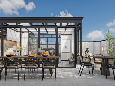 Modern Garden Landscape With Glass Roofed Patio Outdoor Dining Area And Green Plants 3d model
