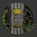 Cartoon Scene Featuring Yellow Car On Circular Road With Street Lamp And Green Tree