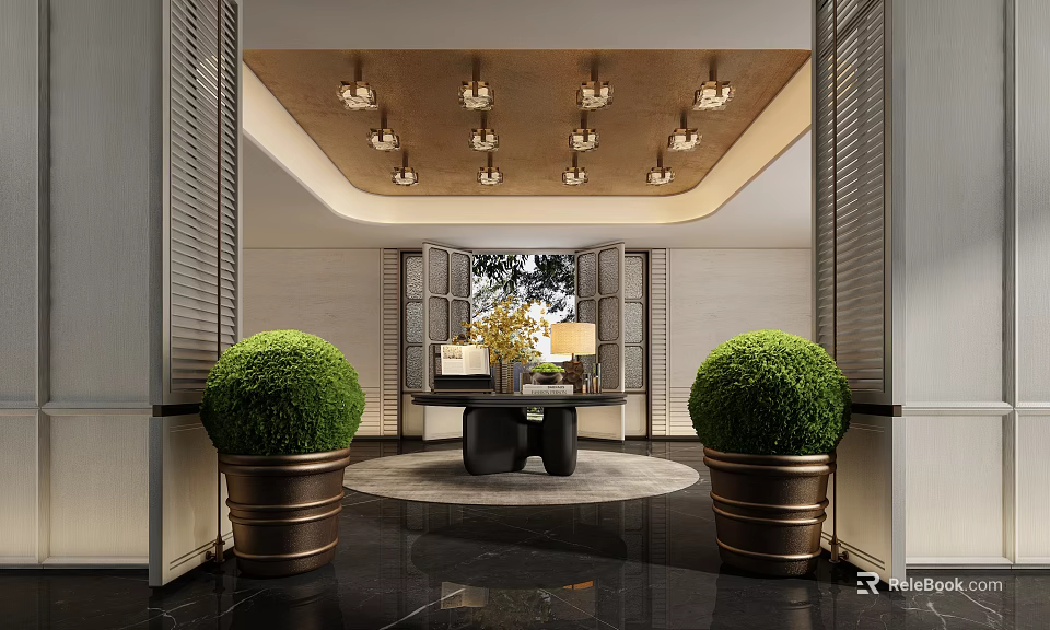 Elegant Modern Hotel Lobby Interior With Ceiling Lights And Large Potted Plants 3d model 