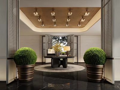 Elegant Modern Hotel Lobby Interior With Ceiling Lights And Large Potted Plants 3d model