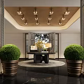 Elegant Modern Hotel Lobby Interior With Ceiling Lights And Large Potted Plants