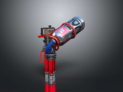 Red And Silver Mechanical Weapon With Blue Pipes Cylindrical Barrel And Mechanical Components 3d model