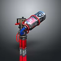 Red And Silver Mechanical Weapon With Blue Pipes Cylindrical Barrel And Mechanical Components