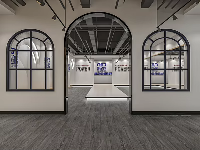 Modern Fitness Gym Space With Arch Windows Power Sign And White Platform On Grey Floor 3d model