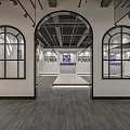 Modern Fitness Gym Space With Arch Windows Power Sign And White Platform On Grey Floor